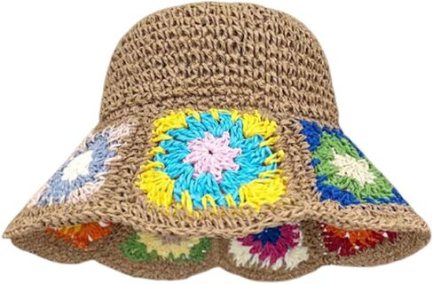KORADI Women Sun Hats Crochet Granny Square Straw Hat Boho Floral Summer Beach Hats Hollow Out Bucket Hat in Saudi Arabia