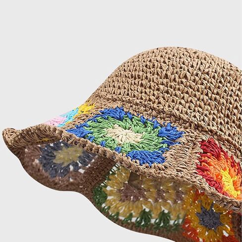 KORADI Women Sun Hats Crochet Granny Square Straw Hat Boho Floral Summer Beach Hats Hollow Out Bucket Hat in Saudi Arabia