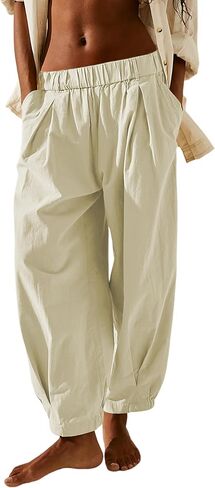 SCUSTY Womens Baggy Wide Leg Pants Cotton Linen Casual Elastic Waisted Palazzo Harem Beach Trousers with Pockets in Saudi Arabia