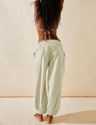 SCUSTY Womens Baggy Wide Leg Pants Cotton Linen Casual Elastic Waisted Palazzo Harem Beach Trousers with Pockets in Saudi Arabia