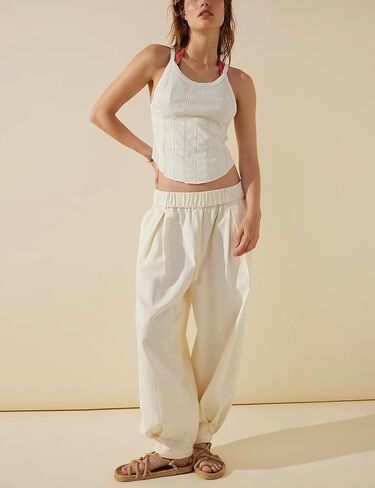 SCUSTY Womens Baggy Wide Leg Pants Cotton Linen Casual Elastic Waisted Palazzo Harem Beach Trousers with Pockets in Saudi Arabia