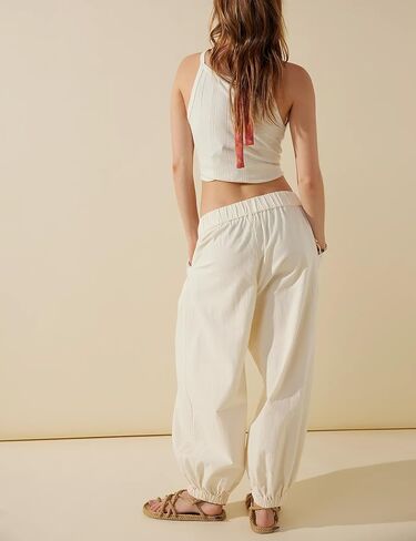 SCUSTY Womens Baggy Wide Leg Pants Cotton Linen Casual Elastic Waisted Palazzo Harem Beach Trousers with Pockets in Saudi Arabia