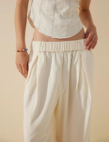 SCUSTY Womens Baggy Wide Leg Pants Cotton Linen Casual Elastic Waisted Palazzo Harem Beach Trousers with Pockets in Saudi Arabia