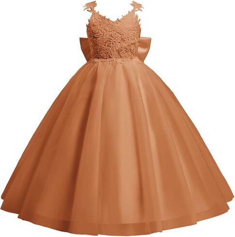 Lace Applique Flower Girl Dress for Wedding Kids Puffy Tulle Satin Long Pageant Princess Dress Bowknot Prom Ball Gowns in Kuwait