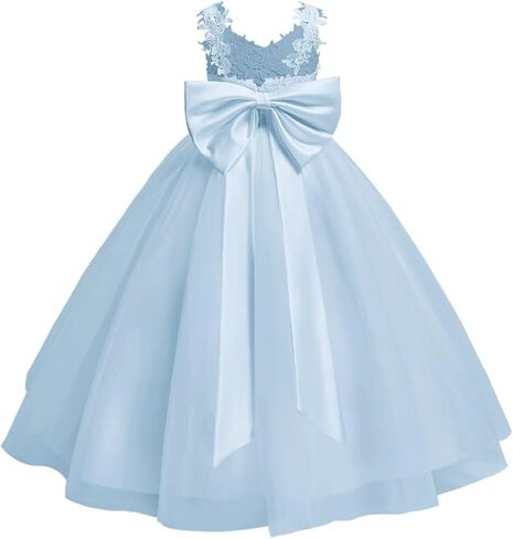 Lace Applique Flower Girl Dress for Wedding Kids Puffy Tulle Satin Long Pageant Princess Dress Bowknot Prom Ball Gowns in Kuwait