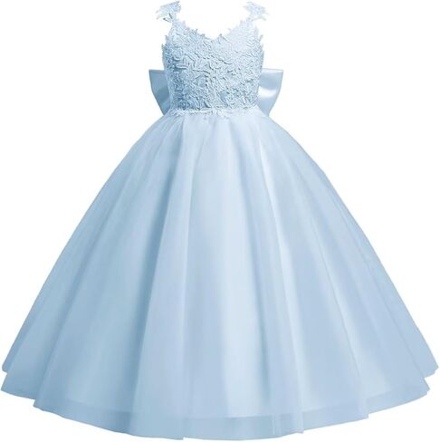 Lace Applique Flower Girl Dress for Wedding Kids Puffy Tulle Satin Long Pageant Princess Dress Bowknot Prom Ball Gowns in Kuwait