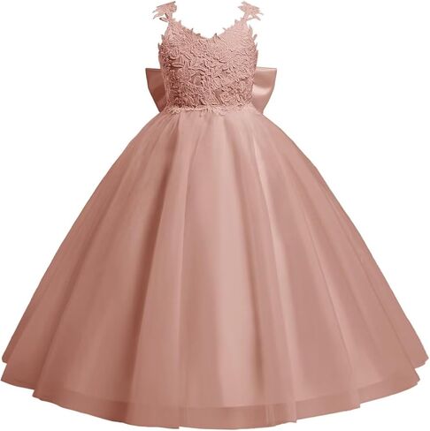 Lace Applique Flower Girl Dress for Wedding Kids Puffy Tulle Satin Long Pageant Princess Dress Bowknot Prom Ball Gowns in Kuwait