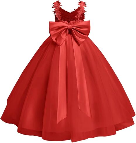 Lace Applique Flower Girl Dress for Wedding Kids Puffy Tulle Satin Long Pageant Princess Dress Bowknot Prom Ball Gowns in Kuwait