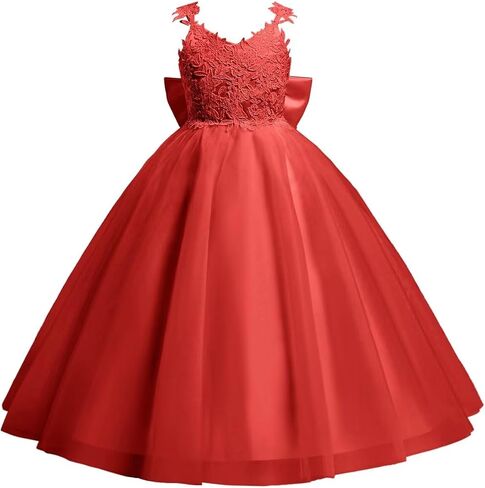 Lace Applique Flower Girl Dress for Wedding Kids Puffy Tulle Satin Long Pageant Princess Dress Bowknot Prom Ball Gowns in Kuwait