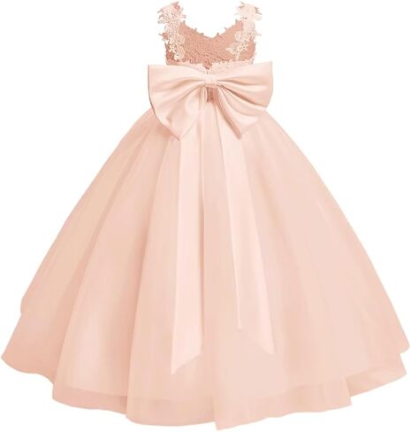 Lace Applique Flower Girl Dress for Wedding Kids Puffy Tulle Satin Long Pageant Princess Dress Bowknot Prom Ball Gowns in Kuwait
