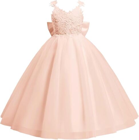 Lace Applique Flower Girl Dress for Wedding Kids Puffy Tulle Satin Long Pageant Princess Dress Bowknot Prom Ball Gowns in Kuwait