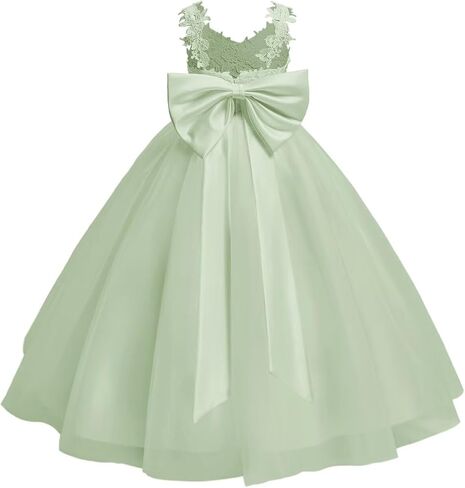 Lace Applique Flower Girl Dress for Wedding Kids Puffy Tulle Satin Long Pageant Princess Dress Bowknot Prom Ball Gowns in Kuwait