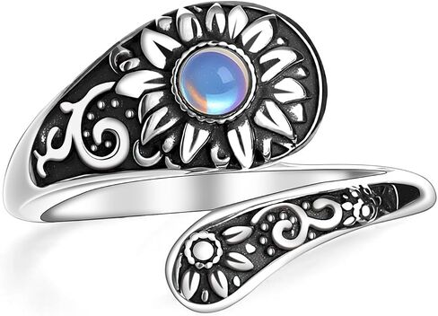 Sunflower Spoon Rings for Women Sterling Silver Turquoise/Moonstone/Opal Adjustable Open Flower Ring, Boho Vintage Retro Engraved Western Country Jewelry in Saudi Arabia