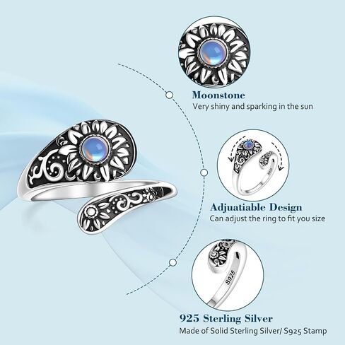 Sunflower Spoon Rings for Women Sterling Silver Turquoise/Moonstone/Opal Adjustable Open Flower Ring, Boho Vintage Retro Engraved Western Country Jewelry in Saudi Arabia