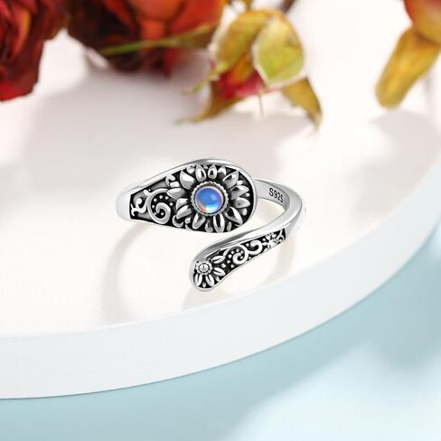 Sunflower Spoon Rings for Women Sterling Silver Turquoise/Moonstone/Opal Adjustable Open Flower Ring, Boho Vintage Retro Engraved Western Country Jewelry in Saudi Arabia