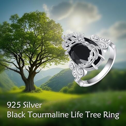 Black Tourmaline Ring Sterling Silver Vintage Black Ring Crystal Healing Jewelry Spiritual Protection Gifts for Women in Kuwait