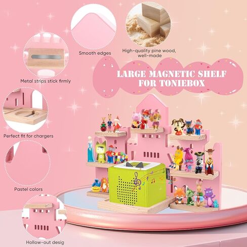 Tonie Shelf for Tonies Box Set - Tonie Storage for Tonie Box & Tonies Figures & Charging Station ، رف عائم خشبي مغناطيسي لـ Toniebox و 15-33 Tonies ، رف محمولة على الحائط ، شكل القلعة in Kuwait