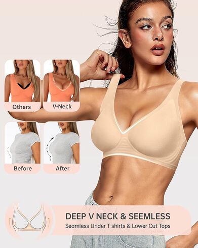 OEAK Womens Deep V Bras Wireless & Wireless Bras Supportive Beige 3XL in Saudi Arabia