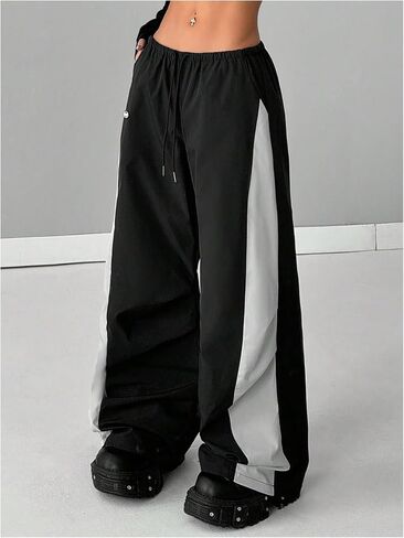 Women's Y2K Baggy Pants Wide Leg Parachute Track Pants Elastic Waist Striped Color Block Sweatpants with Pocket in Saudi Arabia