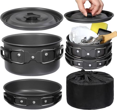 REDCAMP 10 PCS Camping Cookware Mess Kit Camping Gear Campfire Utensils Lightweight Stackable Pot Pan Bowls Soup Spoon with Storage Bag for Camping, Backpacking, Outdoor Cooking and Picnic, Orange in Kuwait