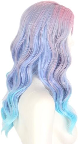 Long Rainbow Wavy Womens شعر مستعار باستيل المحيط الموجة الطويلة مجعد التلويح بالشعر المقاوم للحرارة للسيدة للسيدات الفتيات Cosplay Halloween Party Daily (Ombre Blue Pink) in Kuwait