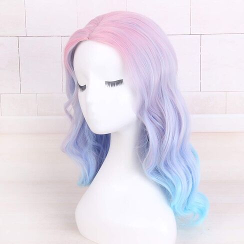Long Rainbow Wavy Womens شعر مستعار باستيل المحيط الموجة الطويلة مجعد التلويح بالشعر المقاوم للحرارة للسيدة للسيدات الفتيات Cosplay Halloween Party Daily (Ombre Blue Pink) in Kuwait