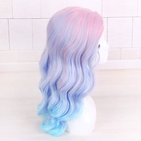 Long Rainbow Wavy Womens شعر مستعار باستيل المحيط الموجة الطويلة مجعد التلويح بالشعر المقاوم للحرارة للسيدة للسيدات الفتيات Cosplay Halloween Party Daily (Ombre Blue Pink) in Kuwait