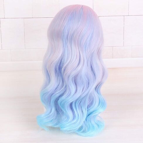 Long Rainbow Wavy Womens شعر مستعار باستيل المحيط الموجة الطويلة مجعد التلويح بالشعر المقاوم للحرارة للسيدة للسيدات الفتيات Cosplay Halloween Party Daily (Ombre Blue Pink) in Kuwait