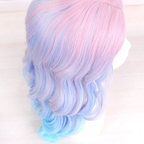 Long Rainbow Wavy Womens شعر مستعار باستيل المحيط الموجة الطويلة مجعد التلويح بالشعر المقاوم للحرارة للسيدة للسيدات الفتيات Cosplay Halloween Party Daily (Ombre Blue Pink) in Kuwait