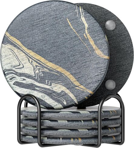 Absorbent Stone Coaster with Holder Set of 6 - Diatomite Drink Coasters for Table Protection - Modern Coffee Table and Bar Decor - Perfect Housewarming Gift in Saudi Arabia