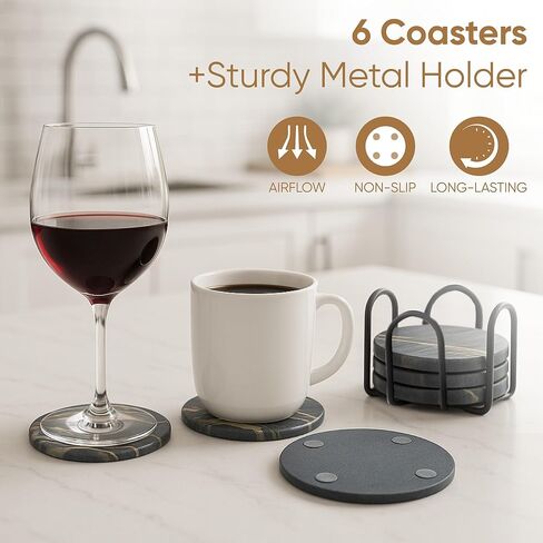 Absorbent Stone Coaster with Holder Set of 6 - Diatomite Drink Coasters for Table Protection - Modern Coffee Table and Bar Decor - Perfect Housewarming Gift in Saudi Arabia