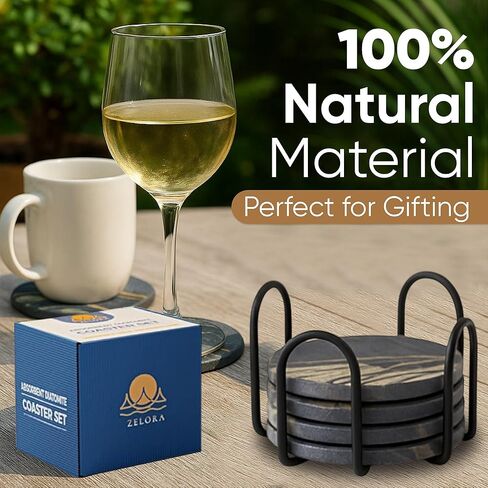 Absorbent Stone Coaster with Holder Set of 6 - Diatomite Drink Coasters for Table Protection - Modern Coffee Table and Bar Decor - Perfect Housewarming Gift in Saudi Arabia