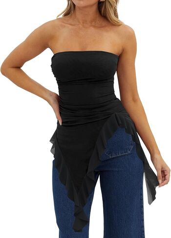 Womens Strapless Tube Tops Summer Asymmetrical Long Ruched Mesh Shirts Cute Y2k Ruffle Hem Going Out Bandeau Top in Kuwait