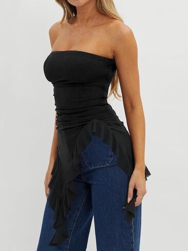 Womens Strapless Tube Tops Summer Asymmetrical Long Ruched Mesh Shirts Cute Y2k Ruffle Hem Going Out Bandeau Top in Kuwait