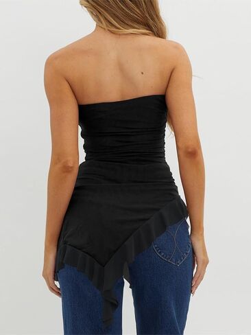 Womens Strapless Tube Tops Summer Asymmetrical Long Ruched Mesh Shirts Cute Y2k Ruffle Hem Going Out Bandeau Top in Kuwait