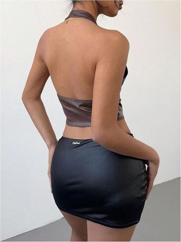 MakeMeChic Women's PU Leather Buckle Halter Top Asymmetrical Hem Backless Y2K Crop Tops in Saudi Arabia