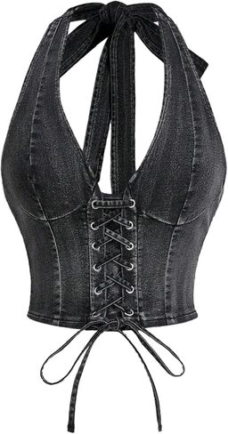WDIRARA Women's Lace Up Front Denim Halter Tops Deep V Neck Tie Back Smocked Sleeveless Crop Top in Saudi Arabia