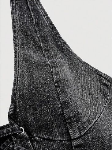 WDIRARA Women's Lace Up Front Denim Halter Tops Deep V Neck Tie Back Smocked Sleeveless Crop Top in Saudi Arabia