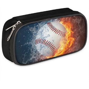 3D Football Leather Pencil Case Pen Holder Sports Large Capacity Black Stationery Storage Pencil Bag with Zipper for Boys Girls Soccer Ball in Ice Fire Pencil Pouch Box for School College Office