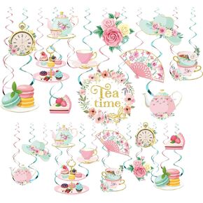 53 Pcs Tea Party Decoration Floral Tea Time Swirls Decoration Spring Vintage Teapot Party Hanging Swirls Talking Party Ceiling Supplies for Tea Party Baby Shower Princess Birthday Party Wedding Favors