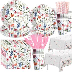 Floral Party Decorations Tableware, Wildflower Party Supplies, Plate, Cup, Napkin, Tablecloth, Cutlery, Spring Summer Flower Party Decorations For Birthday Baby Shower Tea Party | Serve 24