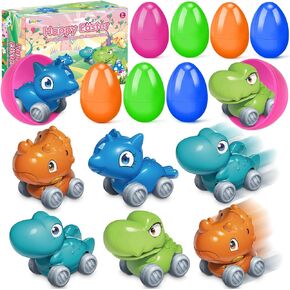 8 Pack Easter Eggs Filled with Dinousaur Cars for Easter Basket Stuffers, Plastic Easter Eggs with Vehicle Toys Inside for Easter Eggs Hunt, Kids Easter Party Favor Supplies, Easter Egg Fillers
