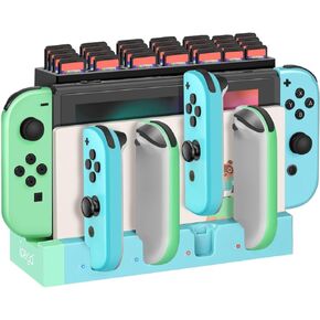 قاعدة شحن وحدات تحكم TNP Joy Con لجهاز Nintendo Switch وSwitch OLED مع تخزين 28 بطاقة لعبة، و4 محطات شحن Joycon، وشاحن وحدات تحكم التبديل باللونين الأخضر والأزرق وحامل منظم