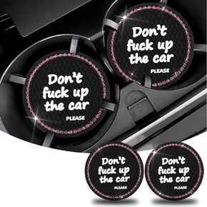 cueclue Pack-2 Bling Crystal Car Cup Holder Coaster, 2.75" Silicone Insulation Drink Mat with Letters, Non-Slip Rhinestone Insert Coaster Pad Compatible with Most Cars and Trucks (Black & Blue)