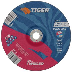 Weiler 57047 9 Inch Cutting Wheel, Tiger AO Steel/Metal Long Life Performance Cutting, 1/16" A60T Type 27 7/8" Arbor, Pack of 25