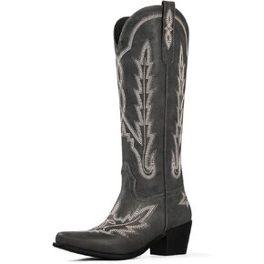 Ouepiano Cowboy Boots for Women Knee High Cowgirl Boots with Classic Embroidered Slip On Pointed Toe Chunky Heel Pull On Fashion Retro Tall Boot