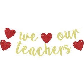 We Love Our Teachers Banner, Thank You for Helping Us Grow, Thankful Teacher Appreciate Party Decorations Supplies 2024 Red and Gold Glitter