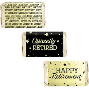 DISTINCTIVS Black and Gold Retirement Mini Candy Bar Wrappers, Shiny Gold Foil Retirement Party Decorations - 45 Stickers