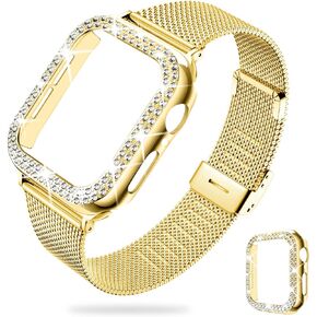 DABAOZA Compatible Bling Apple Watch Band for Women with Bumper, Glitter Case Cover Girls Stainless Steel Mesh Loop Strap Metal for iWatch Series 9 8 7 6 5 4 3 2 1 SE Ultra 2/1