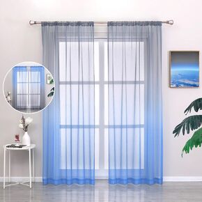 Autumn Dream Linen Semi Sheer Curtains Voile Rod Pocket Purple Blue Ombre Sheer Curtains for Bedroom Living Room, 52by63 inch (2 Panels)